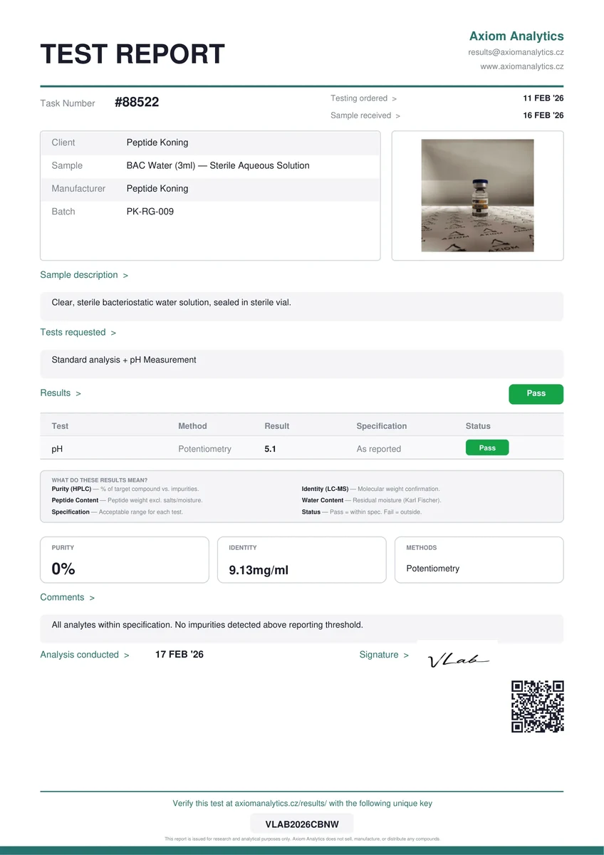 Bacteriostatisch Water (BAC Water) lab rapport / kwaliteitsdocument